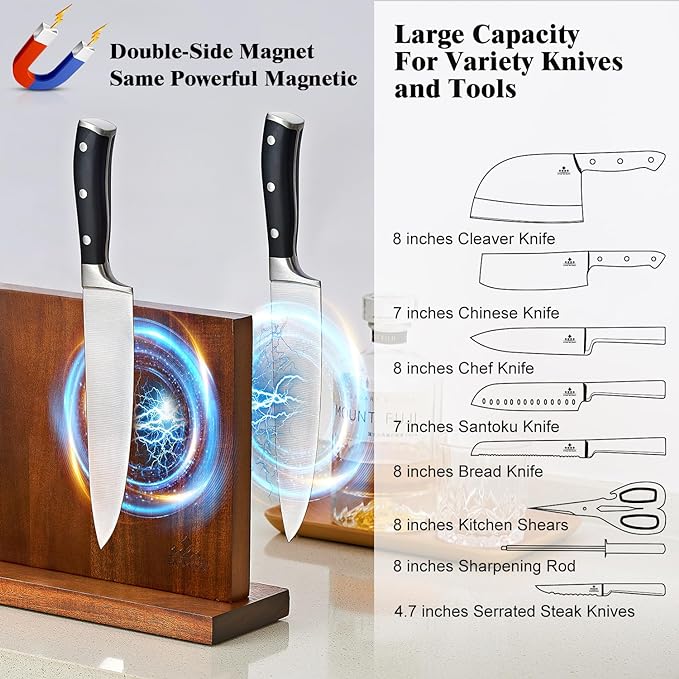 Magnetic Knife Block, Universal Knife Holder Stand with Strong Enhanced Magnets for Safe and Multifunctional Knife Storage, 12.5-In Acacia Wood Knife Holder for Home Kitchen
