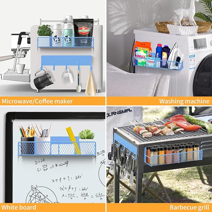 Magnetic Spice Rack for Refrigerator, 7 Pack Metal Magnetic Shelf Blue, Moveable Spice Organizer with Hook Rack, Paper Towel Holder, Kitchenware Holder, Strong Magnetic Storage Fridge Organizer