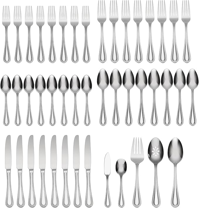 Oneida Silverware Set For 8, Countess 45-Piece Everyday Flatware Set with Serving Utensils, Service For 8, Bead Pearl, 18/0 Stainless Steel, Dishwasher Safe,Knives Spoons & Forks Set (Silver 45 Piece)