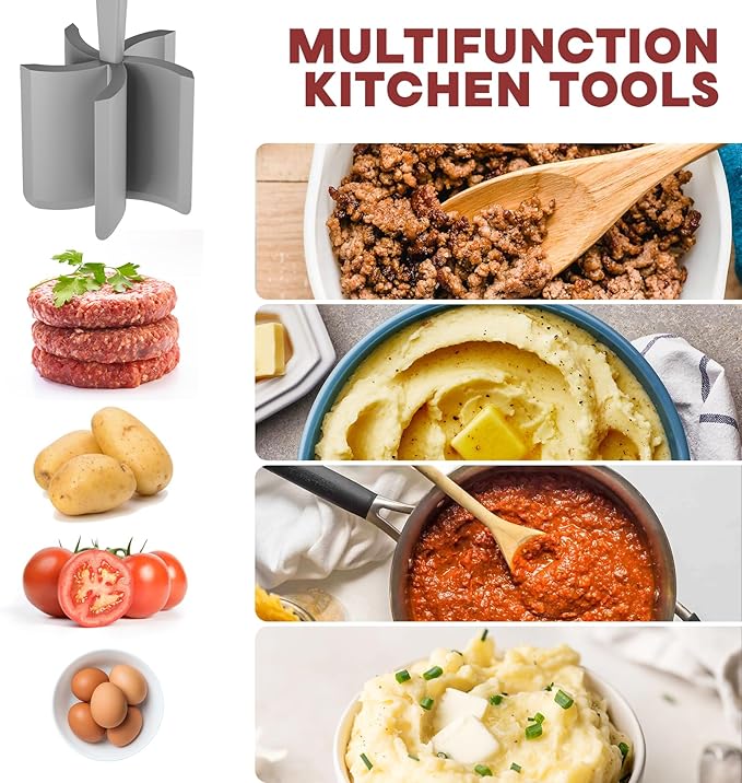 2 Pcs Meat Chopper, Hamburger Grinder, Premium Heat Resistant Smasher for Ground Beef, Burger Grinder Nylon Potato Mix Tool-Black-Grey