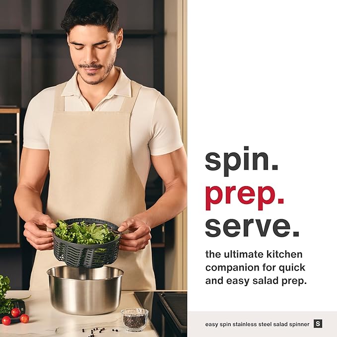 Zyliss Easy Spin Salad Spinner - Fruit & Veggie Dryer - Produce Spinner & Cleaner for Salad Prep - Dishwasher-Safe Kitchen Essential - Non-Slip Bowl with Pull Handle - New Stainless Easy Spin Small