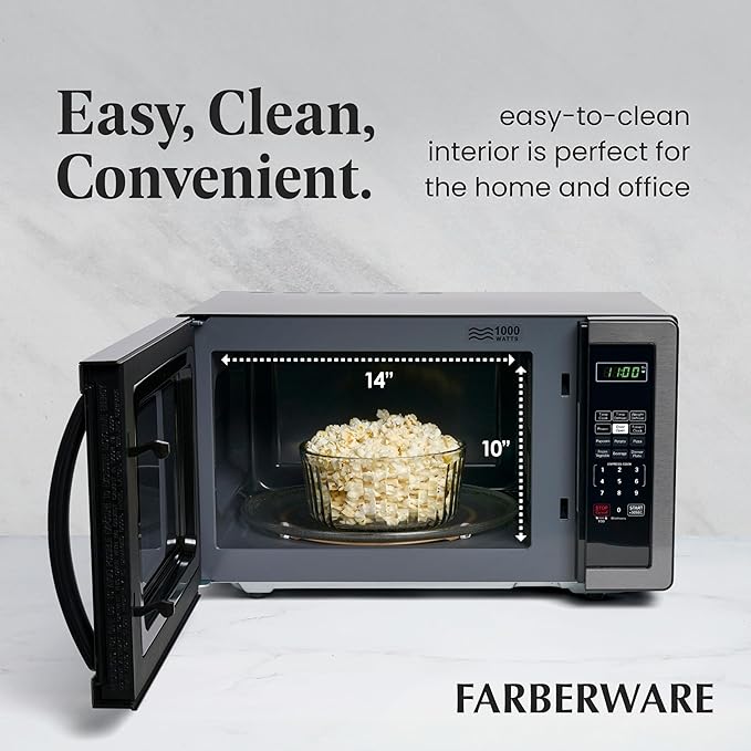 Farberware 1.1 Cu. Ft. Countertop Microwave Oven – 1000 Watts Power, Auto Cook Settings, Defrost, Easy Clean and Child Safety Lock - Stainless and Black