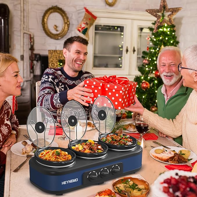 Triple Slow Cooker, 3×1.5 QT Buffet Servers and Warmers, 3 Pots Buffet Slow Cooker Adjustable Temp Lid Rests Stainless Steel Manual Silver for Parties Holidays Families,Blue