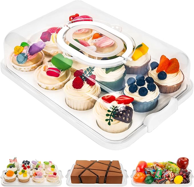 NPLUX Cupcake Containers with Lid Rectangular Cake Carrier 3-in-1 Multipurpose Cupcake Holder for Muffins Pies Sweets Pastries Fruit or Snacks (White, 13" x 9" x 4")