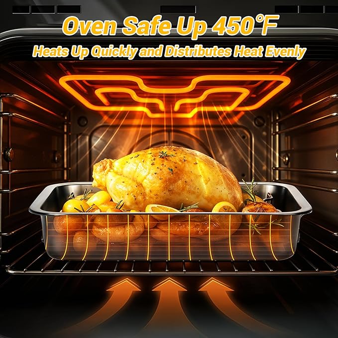 Tifanso Stainless Steel Roasting Pan - Heavy Duty Turkey Roasting Baking Broiler Oven Pan with Rack and Handle for Oven, High Sided Easy to Clean Induction Roast Tray for Chicken, Vegetable, Lasagna