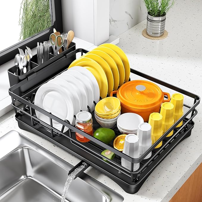 SNTD Dish Drying Rack for Kitchen Counter - Large Dish Rack with Drainboard, Rustproof Dish Drainer with Utensil Holder for Sink, Black