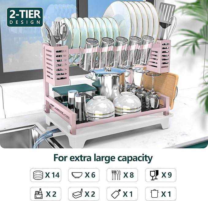 B-Land Dish Drying Rack, 2 Tier Dish Racks for Kitchen Counter, Large Dish Drying Rack with Drainboard & Utensil Holders, Rust-Proof Dish Drainers,Kitchen Organization