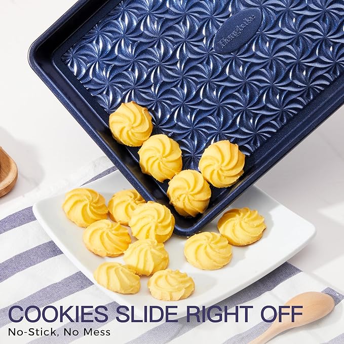 HONGBAKE Nonstick Baking Sheet Pan Set of 3, Cookie Sheets for Oven, Non-Toxic Half/Quarter/Jelly Roll Pans with Floral Swirl Texture, Heavy Duty 0.8mm Thick Oven Trays for Cooking, Blue
