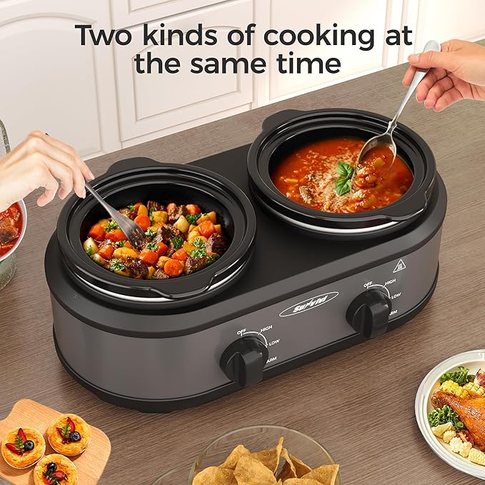 Sunvivi Dual Slow Cooker, Buffet Servers and Warmer with 2 Removable Ceramic Pots, Slow Cooker Food Warmer with Adjustable Temp & Glass Lids, Stainless Steel, 2 x 1.25 QT, Silver Grey