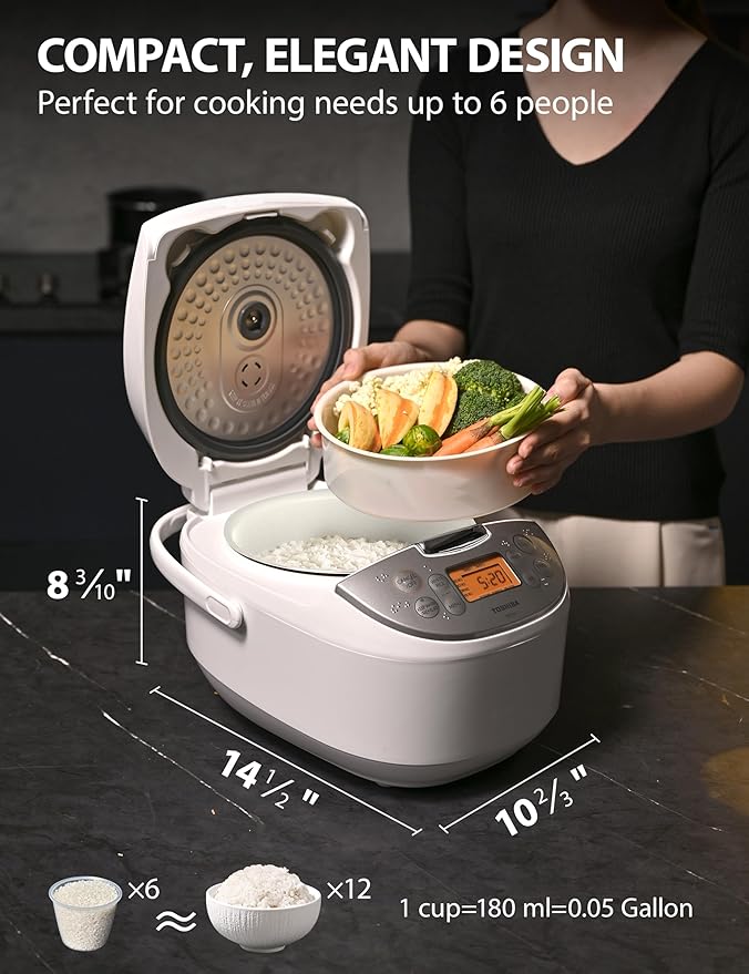 Toshiba Rice Cooker 6 Cup Uncooked – Japanese Rice Cooker with Fuzzy Logic Technology, 7 Cooking Functions, Digital Display, 2 Delay Timers and Auto Keep Warm, Non-Stick Inner Pot, White