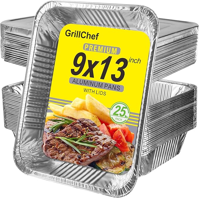 GrillChef Aluminum Foil Pans with Lids, Disposable 9x13 Baking Pans, 25 Pack Tin Foil Holders Half Size for Cake, Steam Table, Cooking, Heating, Storing, Aluminum Trays Heavy Duty