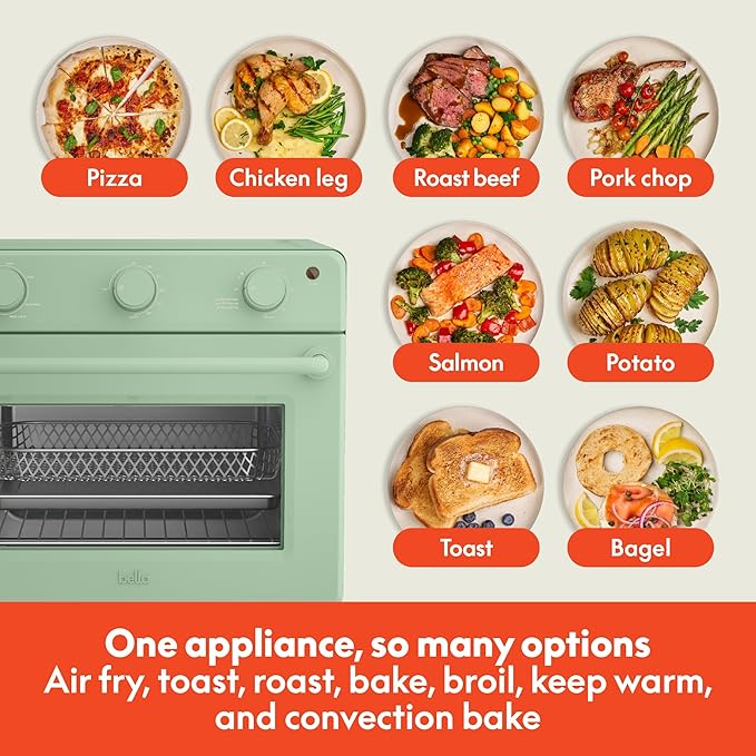 bella Air Fry Toaster Oven, 7 Preset Cooking Options, Dishwasher-Safe EverGood Coated Trays Included, 60-Minute Auto Shutoff w Audible Timer, Power Indicator Light, 1700 Watt, Seaglass