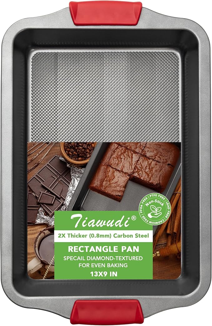 Tiawudi 13" x 9" Cake Pan, 0.8mm Thick Heavy Duty Baking Dish with Diamond Texture Pattern for Even Heating, Nonstick Baking Pan for Bread, Brownie or Lasagna, Cake Mold with Silicone Grip Handles