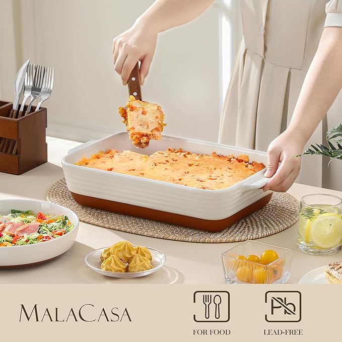 MALACASA Baking Dish with Rack, 4.8 Qt Ceramic Roasting Pan with Stainless Steel Drip Rack, 9x13 Inch Deep Casserole Dish with Handles, Oven Safe Lasagna Pan for Baking & Serving (Khaki & White) - Series Tara