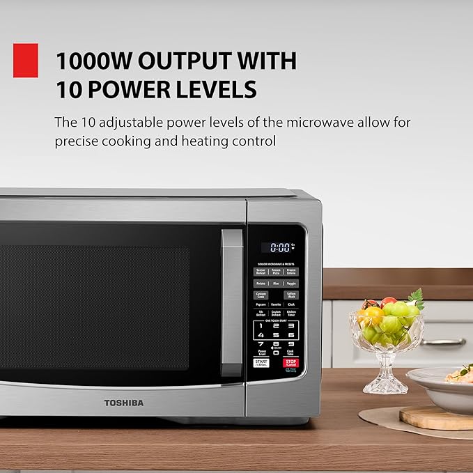 TOSHIBA EM131A5C-SS Countertop Microwave Ovens 1.2 Cu Ft with 12.4" Removable Turntable Smart Humidity Sensor, 12 Auto Menus Mute Function ECO Mode Easy Clean Interior, 1000W, Silver