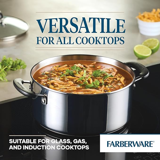 Farberware Brilliance Stainless Steel Dutch Oven/Casserole Pan with Glass Lid, 5 Quart, Dishwasher Safe and Induction Ready, Compatible with All Cooktops, Stainless Steel