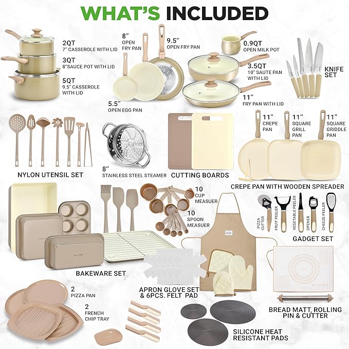NutriChef 75-Piece Non-Stick Pots and Pans Set, Complete Ceramic Cookware Set with Bakeware, Utensils, Knife Set, & Accessories, Stain-Resistant, Food-Grade Safe, Cream/Brown