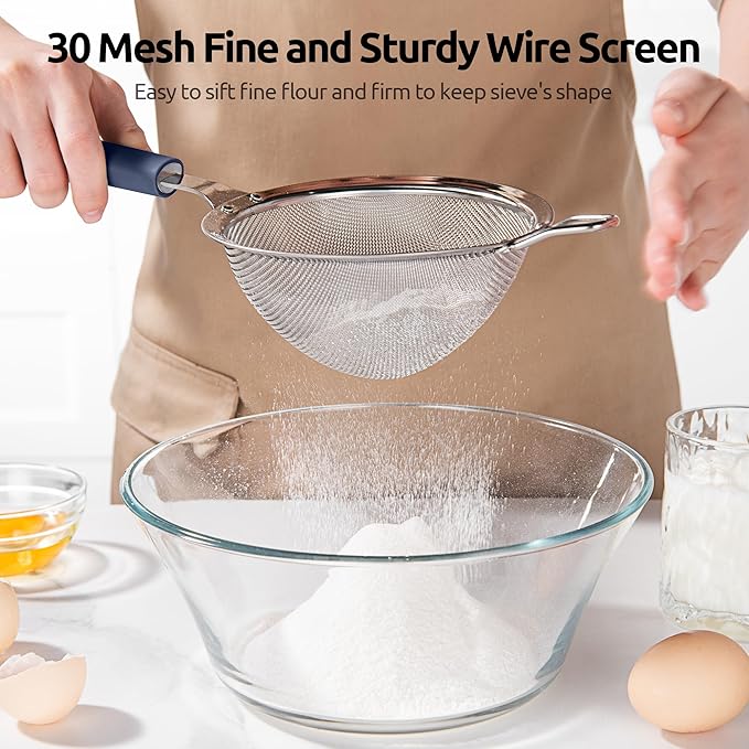 U-Taste Medium Fine Mesh Strainer: 18/8 Stainless Steel 4.73in 30 Mesh Kitchen Food Sieve with Sturdy Riveted Silicone Handle, Heavy Duty Deep Handheld Metal Colander for Rice, Quinoa(Midnight Blue)