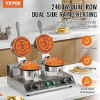 VEVOR Commercial Waffle Maker, Dual-Head Round Waffle Baker Machine, 2460W Non-Stick Stainless Steel Belgian Waffle Iron with Temp and Time Control, Handle, for Restaurant Bakery Snack Bar Family