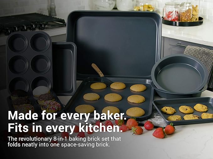 Elbee Home 8-Piece Nonstick Aluminized Steel, Space Saving Baking Set, With Deep Roasting Pan, Cookie Sheet, Cake Pans, Muffin Pans and Baking Pan PFOA & PFOS Free, Holiday Gift for Her