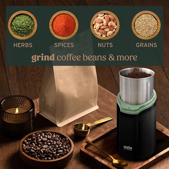 NELO 3.5oz One-Touch Coffee Grinder, Power Grind with Removable BPA Free Stainless Steel Dishwasher Safe Bowl, 15 Cups, Easy Use, 200 Watts, Electric Coffee Bean Grinder, Spice Grinder, Nuts, Black
