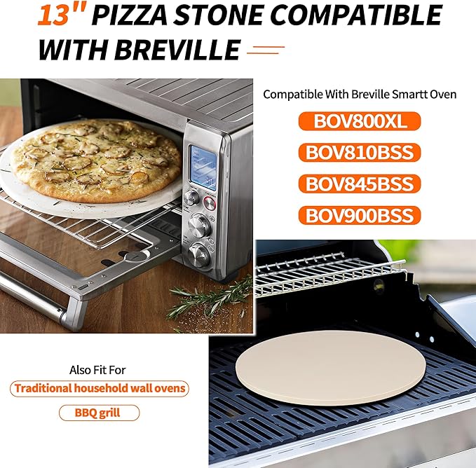 Round Pizza Stone for Oven, 13" Cooking Stone Compatible with Breville Smart Oven BOV800 BOV845, Cordierite Baking Stones for BBQ Grill, Pizza Stones BOV800PS Replacement for Breville Oven Accessories