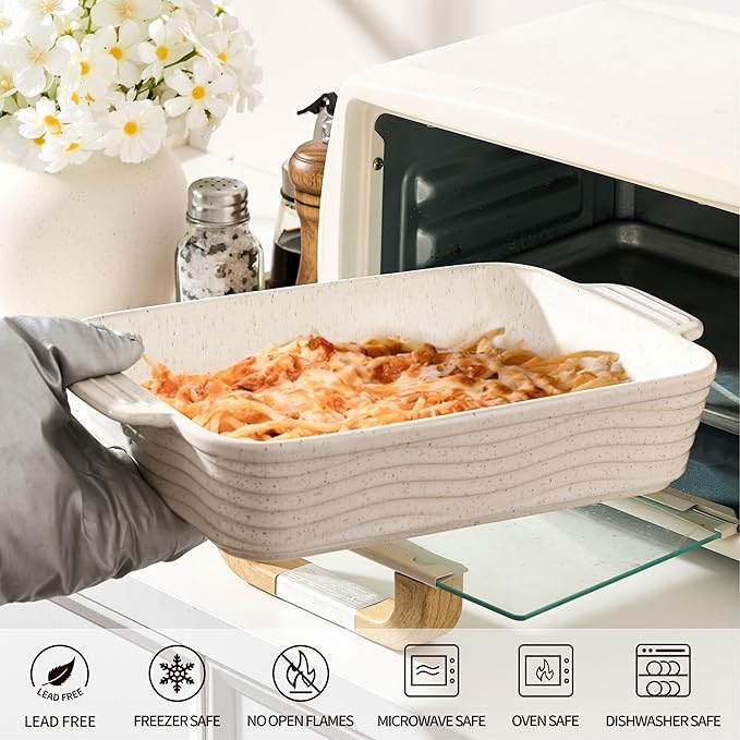 Ceramic Baking Dish Set of 3, Casserole Dishes for Oven, Square Porcelain Bakeware Set with Handles, Lasagna Baking Pan for Cooking, Perfect for Baking and Serving, Housewarming, Halloween, Thanksgiving, Christmas, New Year-Reactive White