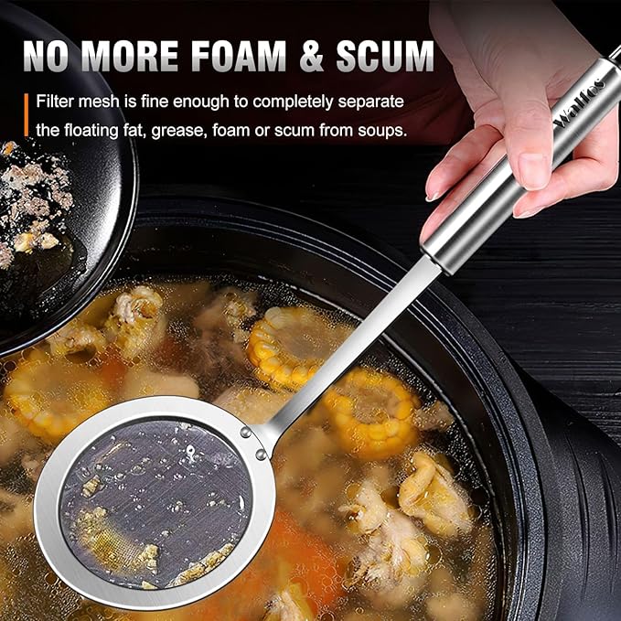 Walfos Fat Skimmer Spoon, 304 Stainless Steel Fat skimmer For Cooking, Fine Mesh Strainer, Food Strainer Fit For Separation Of The Floating Foam, Fat, Grease - Set of 2 Sise