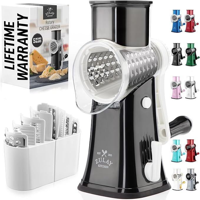 Zulay Kitchen Rotary Cheese Grater 5 Blade Cheese Shredder - Manual Hand Crank Cheese Grater With Reinforced Suction & 5 Interchangeable Drums - Easy to Use, Vegetable Chopper Round Mandoline Slicer