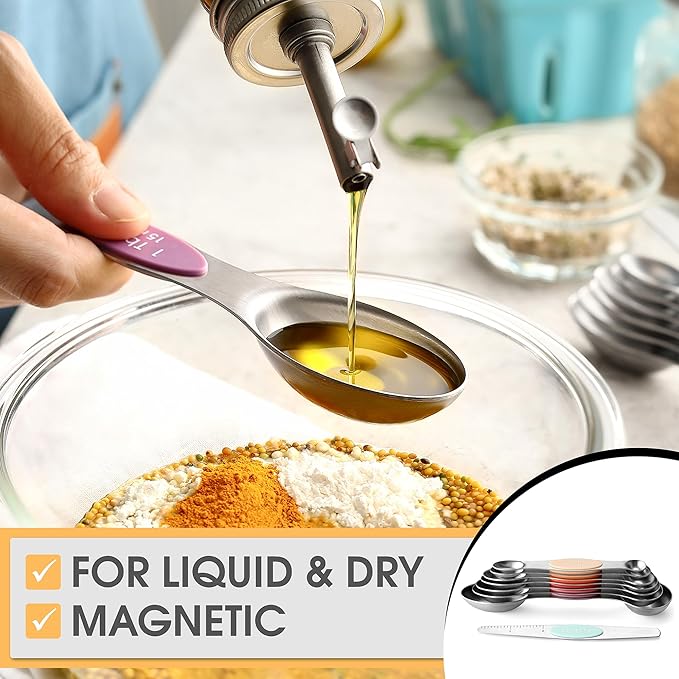 Spring Chef Stainless Steel Metal Magnetic Measuring Spoons Set of 8 with Leveler, Heavy Duty Nesting Teaspoon & Tablespoon Measuring Spoons, Kitchen Gadgets for Baking & Cooking - Desert Sunset