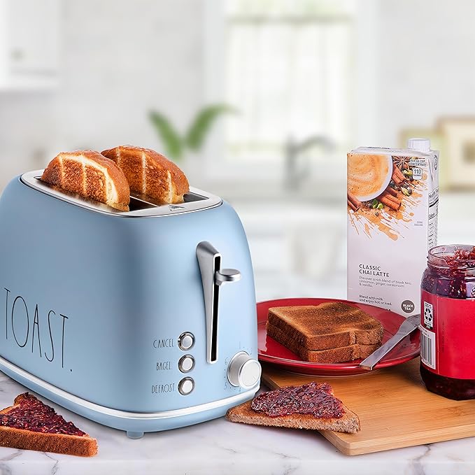 Rae Dunn Retro Rounded Bread Toaster, 2 Slice Stainless Steel Toaster with Removable Crumb Tray, Wide Slot with 6 Browning Levels, Bagel, Defrost and Cancel Options (Baby Blue)