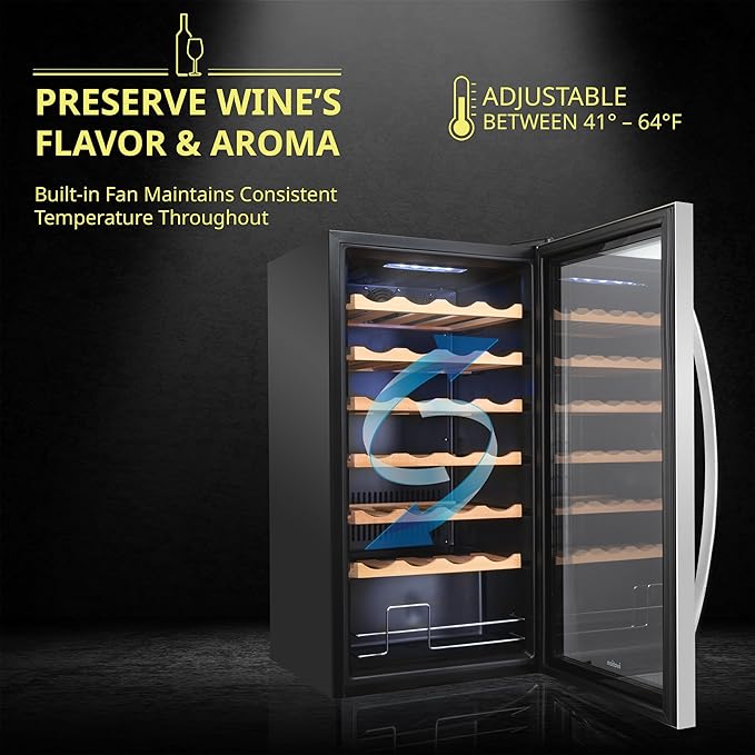 SCHMÉCKÉ 28 Bottle Compressor Wine Cooler Refrigerator w/Lock - Large Freestanding Wine Cellar For Red, White, Champagne or Sparkling Wine - 41f-64f Digital Temperature Control Fridge Stainless Steel