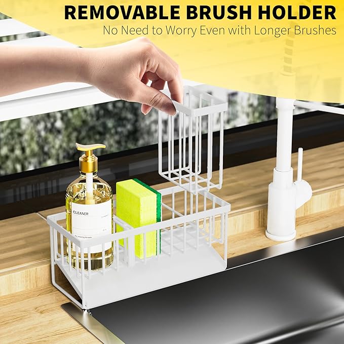 Cisily Sink Caddy Sponge Holder - Stainless Steel Rustproof, High Brush Holder, Dish Sponge Organizer with Divider (White)