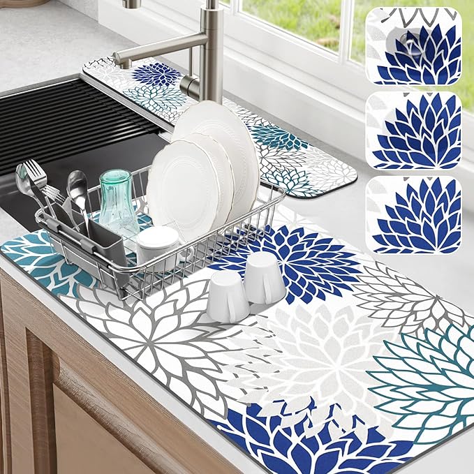 Findosom 2PCS 17" x 32" Dish Drying Mat & 24" x 5.5" Sink Splash Guard, Super Absorbent & Cuttable Dish Mat Drying Kitchen Mat with Blue Floral, Hide Stain Drying Mat for Kitchen Counter