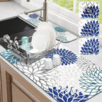 Findosom 2PCS 17" x 32" Dish Drying Mat & 24" x 5.5" Sink Splash Guard, Super Absorbent & Cuttable Dish Mat Drying Kitchen Mat with Blue Floral, Hide Stain Drying Mat for Kitchen Counter