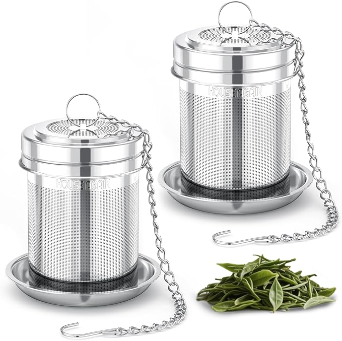 House Again 2 Pack Tea Strainers for Loose Tea, Extra Fine Mesh Tea Infusers, 304 Stainless Steel with Extended Chain Hook, Loose Leaf Tea Steeper, Tea Filter for Brew Tea Spices & Seasoning