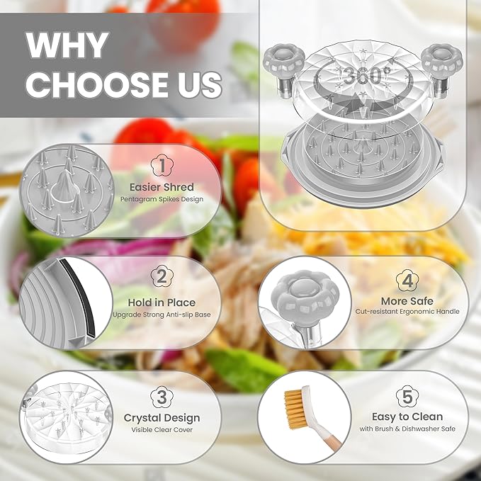 Chicken Shredder Tool Twist Large - 10'' Pro Meat Shredders for Chicken Breast,Visible Kitchen Gadgets Grinder Machine with Brush,Strong Anti-Slip Strip,Ergonomic Handle,BPA Free (Grey)