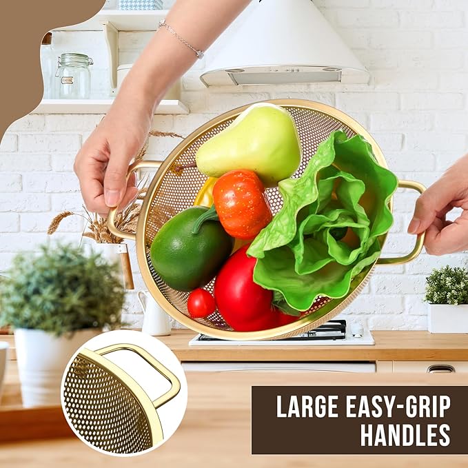 Norme 3 Quart Stainless Steel Gold Colander Gold Fine Mesh Strainer, Stainless Steel Pasta Rice Food Metal Strainer with Handles, Easy Clean and Dishwasher Safe