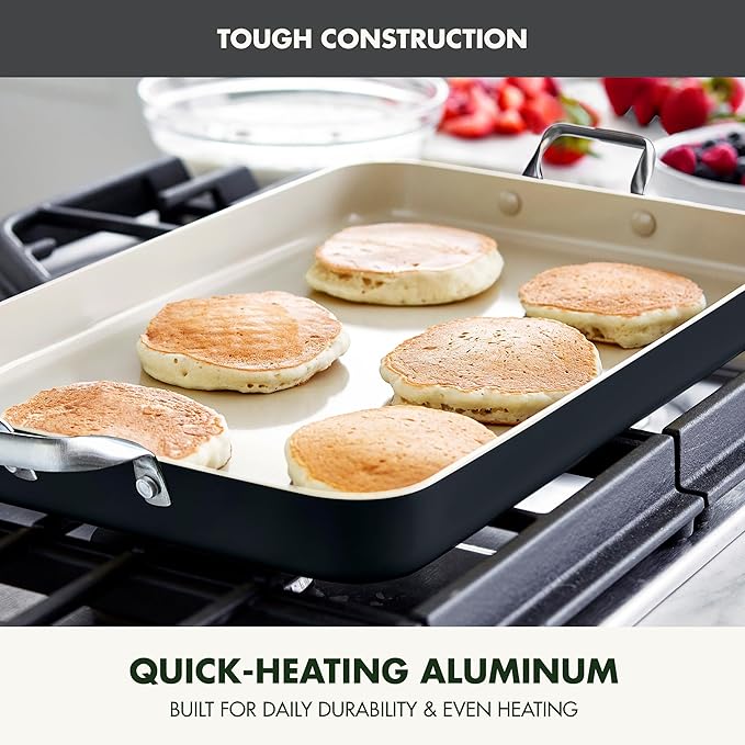 GreenPan 18" x 11" Double Burner Griddle Pan, Hard Anodized Healthy Ceramic Nonstick PFAS-Free, Stainless Steel Handles, Stovetop Cooking, Dishwasher Safe, Oven & Broiler Safe Cookware, Black
