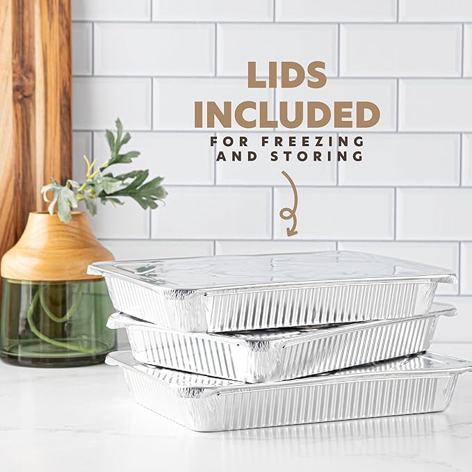 PLASTICPRO 25 Pack Aluminum Pans 12.5'' x 9" Disposable Pans with Covers Heavy Duty 4 lb Foil Pans for Baking and Cooking