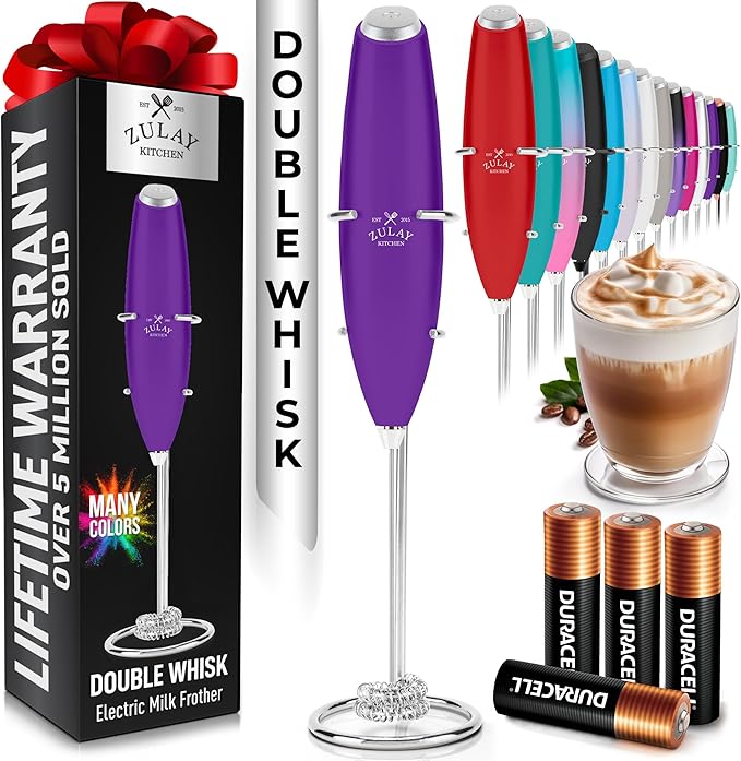 Zulay Kitchen Whisk Milk Frother with 4 Duracell Batteries - Powerful Handheld Foam Maker for Coffee, Lattes, Matcha, Hot Chocolate & Cappuccinos - Whip Creamy Froth in Seconds