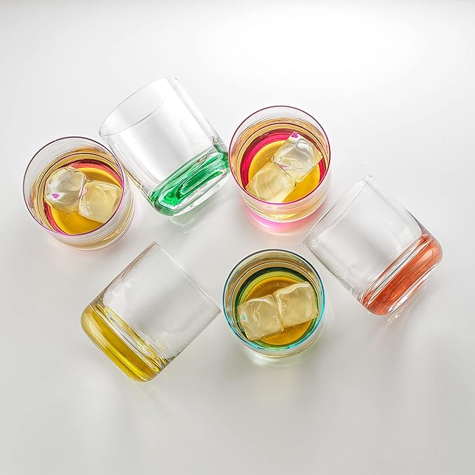 JoyJolt Hue Colorful Whiskey Set of 6, 10oz Drink Glasses, Double Old Fashioned Glass, Modern Whiskey Glass Set for Bar, Low Ball Cocktail Tumbler Glasses