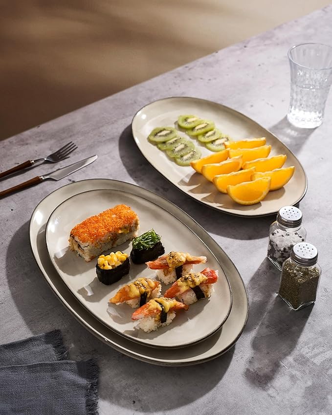famiware Serving Platter, Oval 15.59/14.3/12.9 inch Serving Dishes for Entertaining, Serving Bowls, Dishwasher Safe, Stonware Serving Trays for Party, Turkey, Cheese, Reactive Glaze, Light khaki