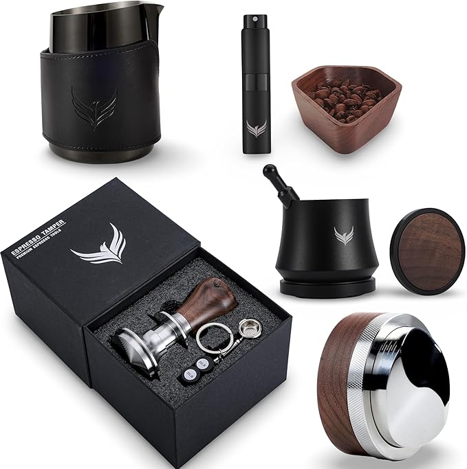 Walnut Espresso Set - 58mm Espresso Tools, Blind Coffee Shaker, 30lb Tamper, Coffee Leveler, Handleless Milk Pitcher, Dosing Cup and RDT Sprayer