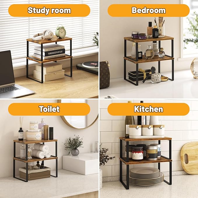 Kitchen Cabinet Organizer Shelf Set of 4, Sturdy Kitchen Counter Shelves with Metal Legs, Stackable Expandable Wood Spice Rack Pantry Cupboard Dish Mug Cup Storage Organizer Shelf, Rustic Brown