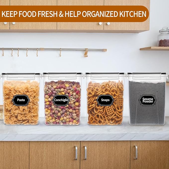 HKJ Chef 4 Pack Large Airtight Food Storage Containers with Lids (5.2L / 176oz), BPA Free Plastic Kitchen and Pantry Organization Contianers for Cereal Flour and Sugar Storage, Labels & Marker