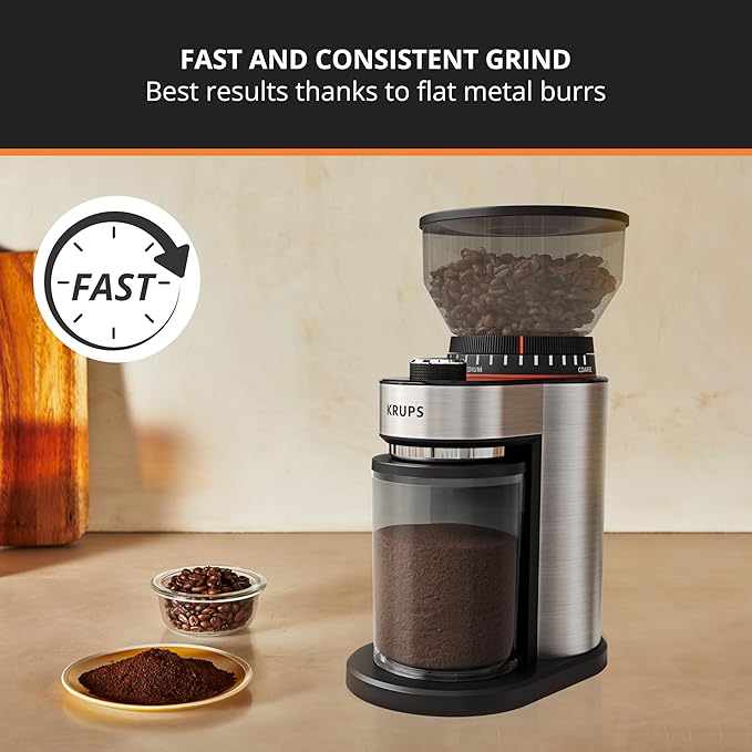 KRUPS Flat Burr Coffee Grinder Electric, 18 Adjustable Grind Settings, 2-20 Cups per Grind, Single Touch, Coffee Bean and Spice Grinder, Stainless Steel, Black
