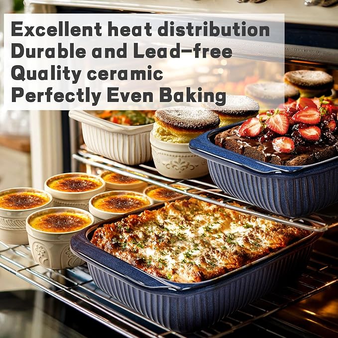 Artena Baking Dish 2.3 Quarts, Casserole Dishes For Oven, Baking Pan With Handles, Lasagna Pan Deep, Large Casserole Dish, Rectangular Ceramic Bakeware, Blue (Baking Dish With Lids)