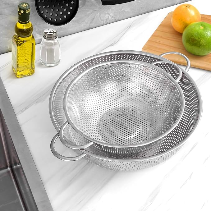 E-far 5-Quart Stainless Steel Colander, Micro-Perforated Metal Colander Strainer with Handle for Kitchen/Draining Pasta/Rinsing Vegetables Fruits, Heavy Duty & Dishwasher Safe - 11 Inches