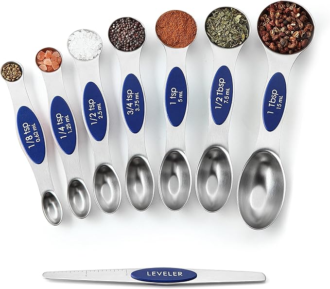 Spring Chef Stainless Steel Magnetic Measuring Spoons Set of 8 with Leveler, Heavy Duty Teaspoon & Tablespoon Measuring Spoons With Strong N45 Magnets, Kitchen Gadgets for Baking & Cooking - Sapphire